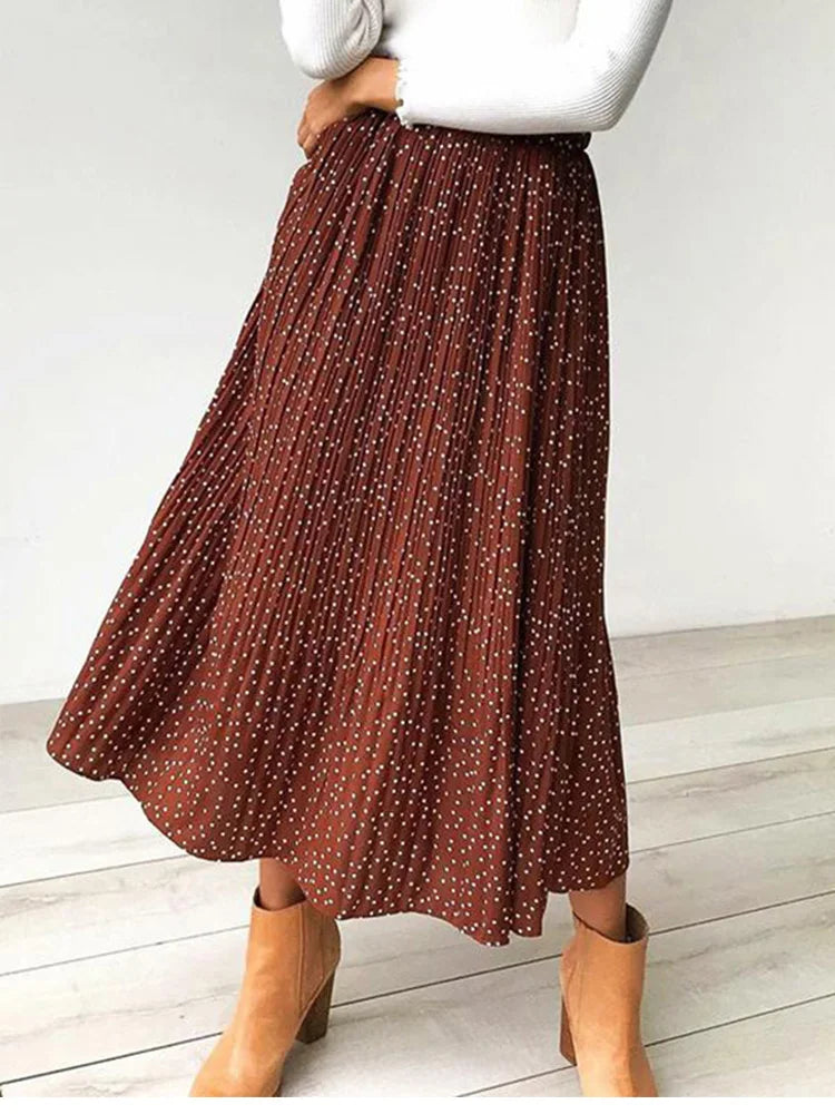 White Dots Floral Print Pleated Midi Skirt Women Elastic High Waist Side Pockets Skirts Summer 2023 Elegant Female Bottom