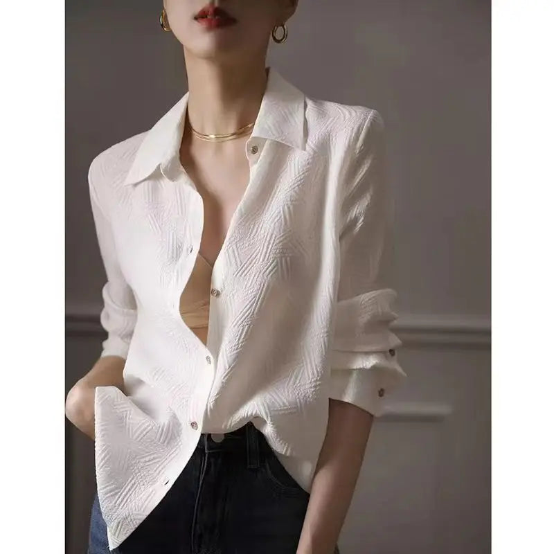 Chic White Shirt For Women SpriJacquard Long-sleeved Design Sense Shirtstyle Straight Blouse Elegant Office Lady Clothes Tops